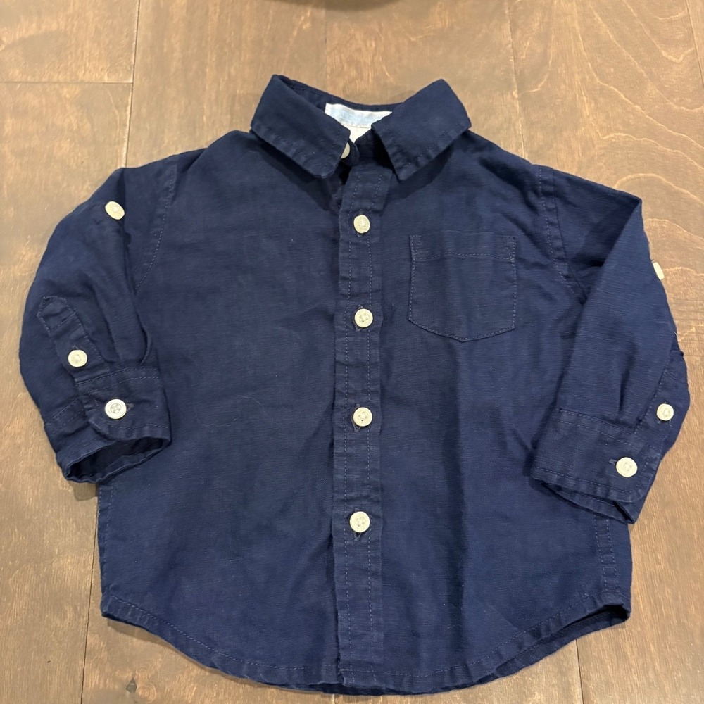 Janie And Jack Shirt Baby Boys 3-6 Months Blue 100% Linen‎ Button Front Collared
